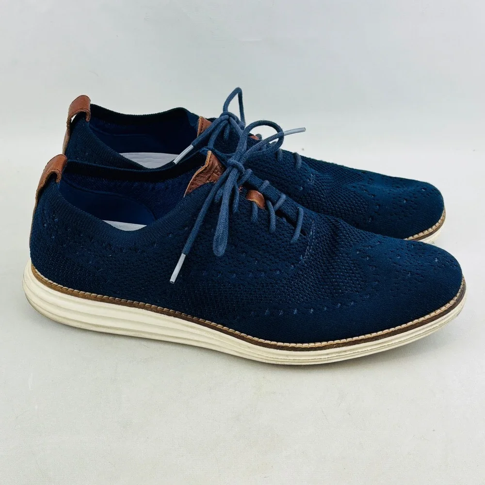 Cole Haan‎ Original Grand OS Wingtip Oxford Mens 10 Navy Blue Knit Upper Lace Up